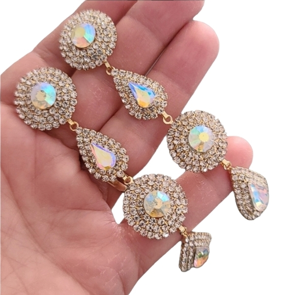 AURORA BOREALIS CZ Gold Teardrop Discs Statement Earrings Evening Wedding - Picture 5 of 12